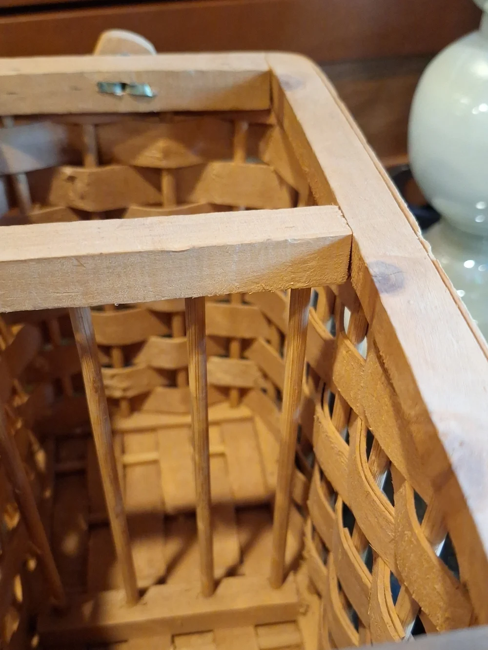 Hand Crafted Natural Wood Woven Basket with Tall Handle